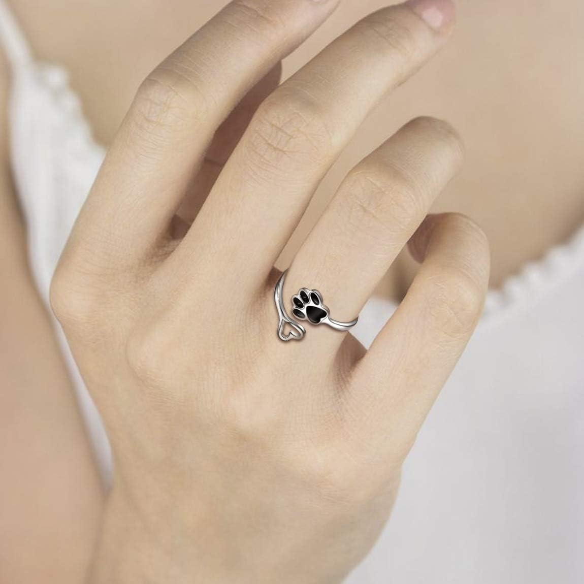 Handgjord justerbar ring i sterlingsilver med tass och hjärta