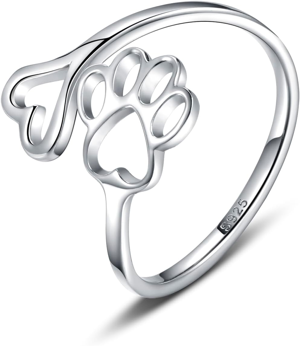 Handgjord justerbar ring i sterlingsilver med tass och hjärta