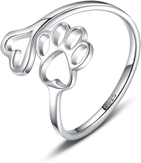 Handgjord justerbar ring i sterlingsilver med tass och hjärta