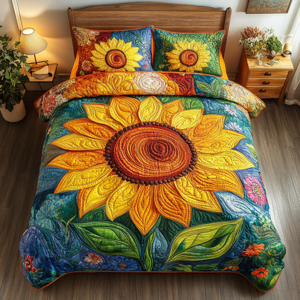 Bright Sunflower Delight – quiltat sängöverkast, 3 delar