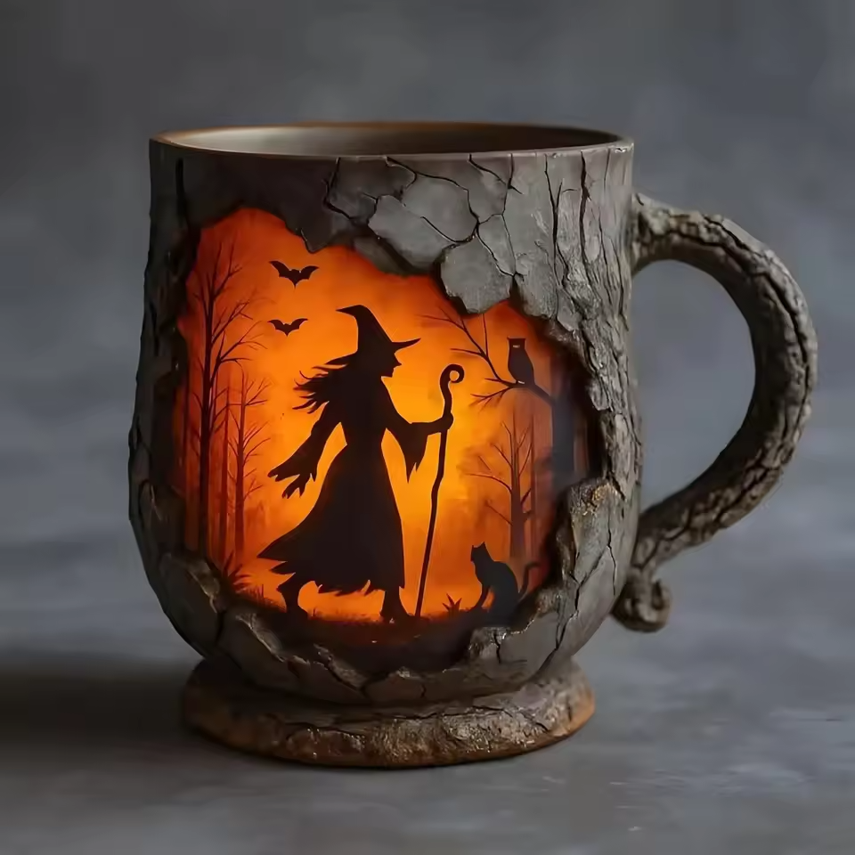 Handmade Embossed Halloween Mug – Witch and Cat Design