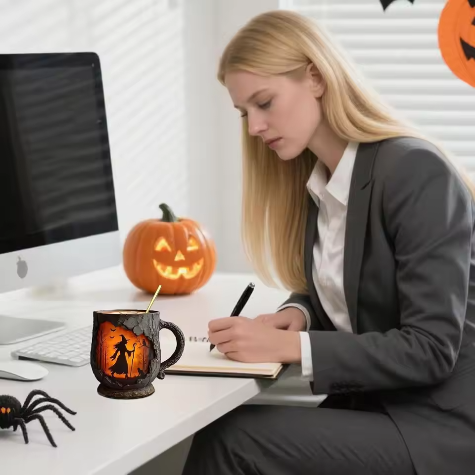 Handmade Embossed Halloween Mug – Witch and Cat Design