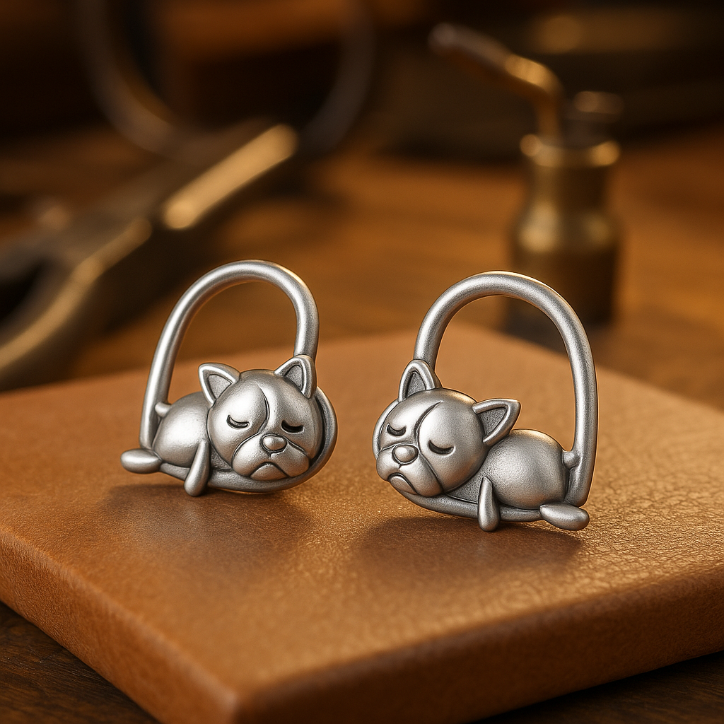 Hängande örhängen med sovande valp i sterlingsilver