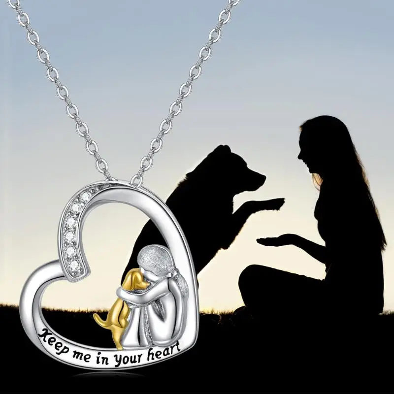Fortunata – halsband med hjärta och hund i sterlingsilver med zirkonia