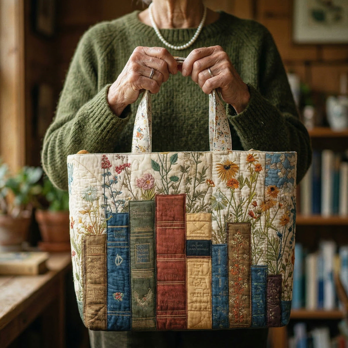 Böcker and Blooms Quiltad tygkasse