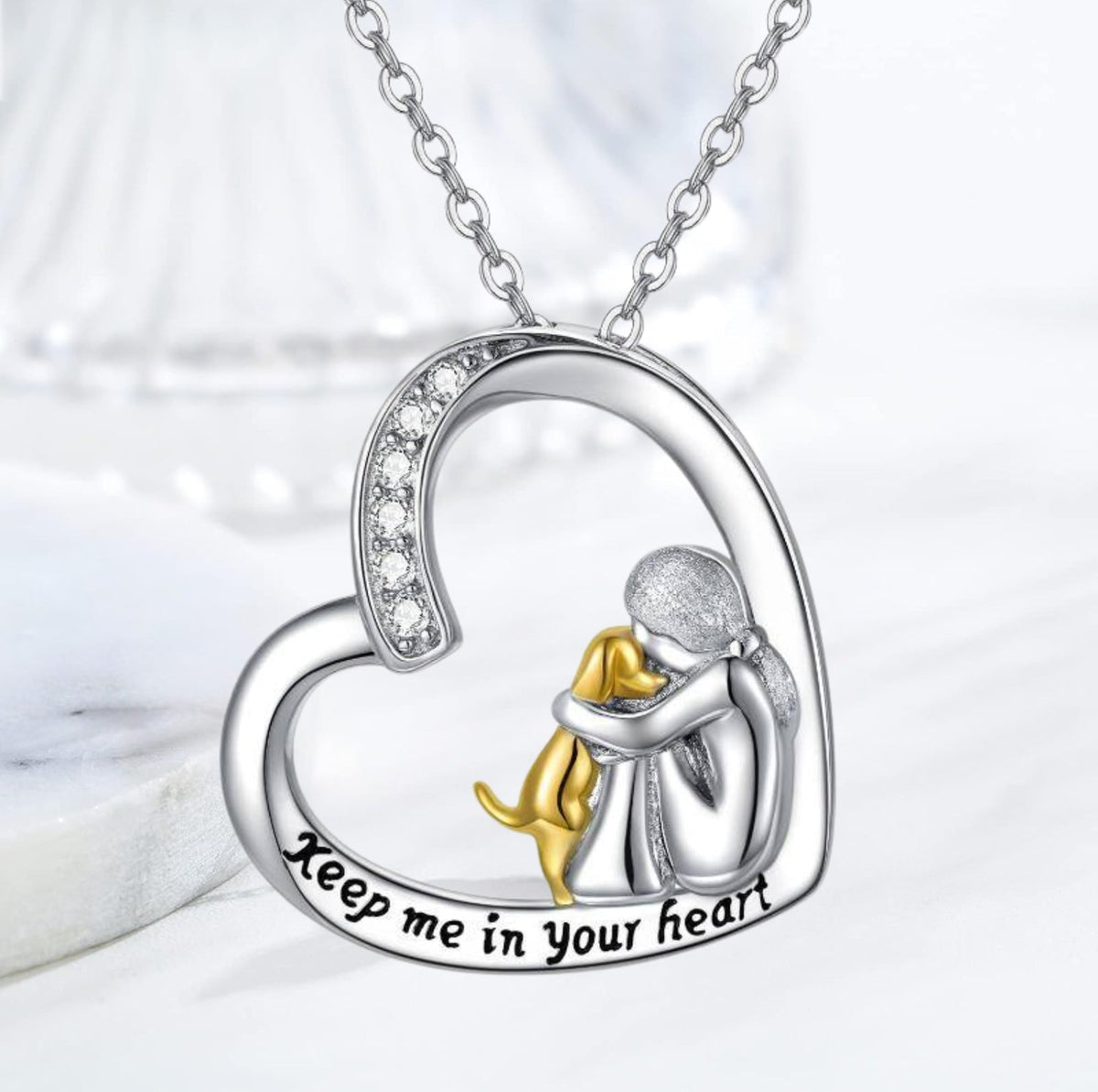 Fortunata – halsband med hjärta och hund i sterlingsilver med zirkonia