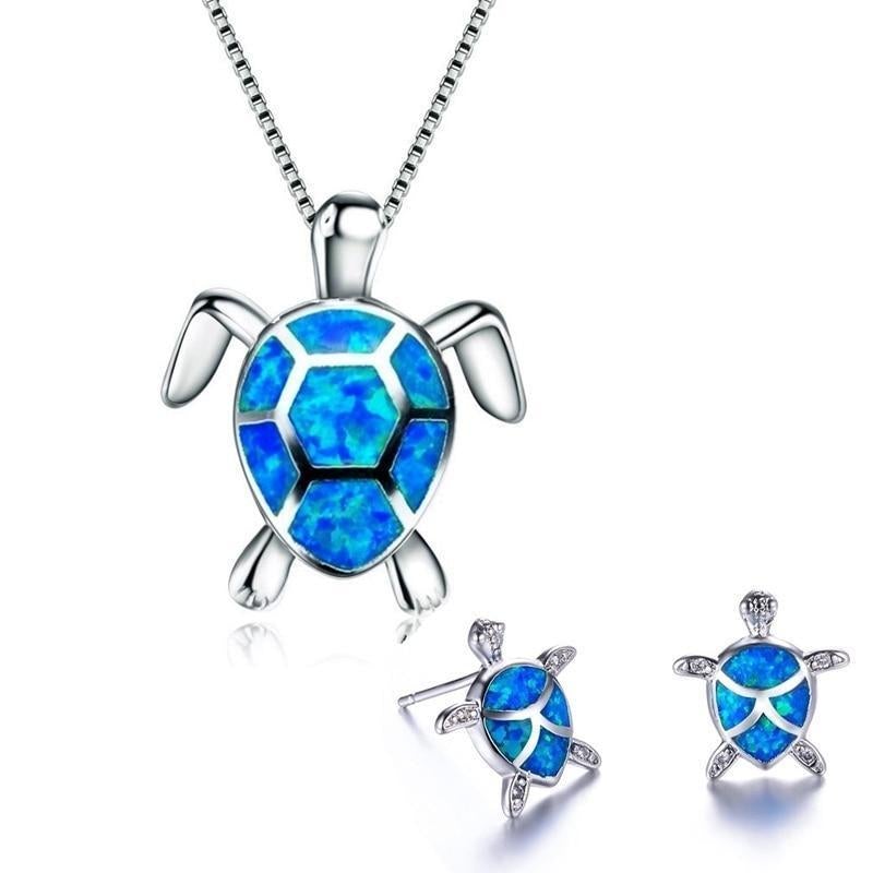 Havssköldpaddor – halsband och örhängen med opal