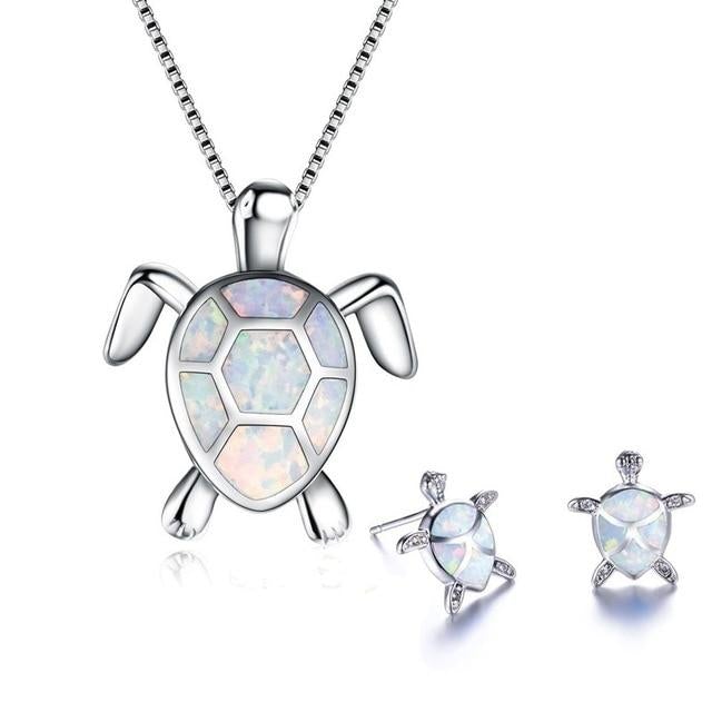 Havssköldpaddor – halsband och örhängen med opal