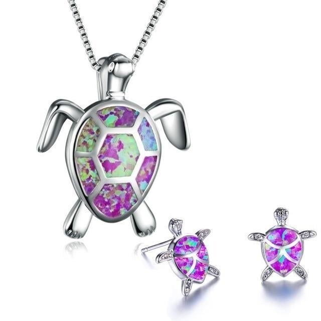 Havssköldpaddor – halsband och örhängen med opal
